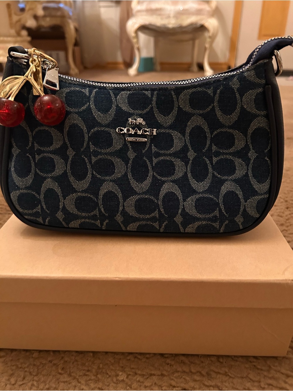 Coach Navy Signature Mini Shoulder Bag with Cherry Charm
